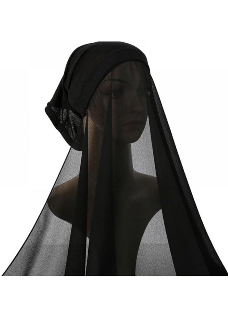 حجاب فوري مع غطاء، أغطية رأس شيفون بلون واحد، أزياء إسلامية، قبعات ناعمة طويلة تحت الوشاح مع غطاء سفلي، عمامة إسلامية، غطاء حجاب مودال، غطاء كامل، شال، قبعة للنساء للارتداء اليومي - أسود - Image 1