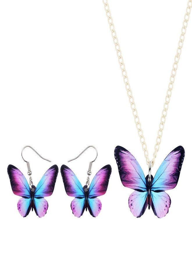 DUOWEI Acrylic Vibrant Morpho Butterfly Earring Butterfly Necklace Earring Set Charm Drop Dangle Pendant Jewelry Gifts for Women Teens (Purple) - Image 1