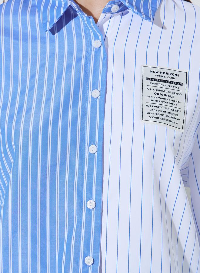 Styli Blue Color Block Striped Longline Shirt - Image 3