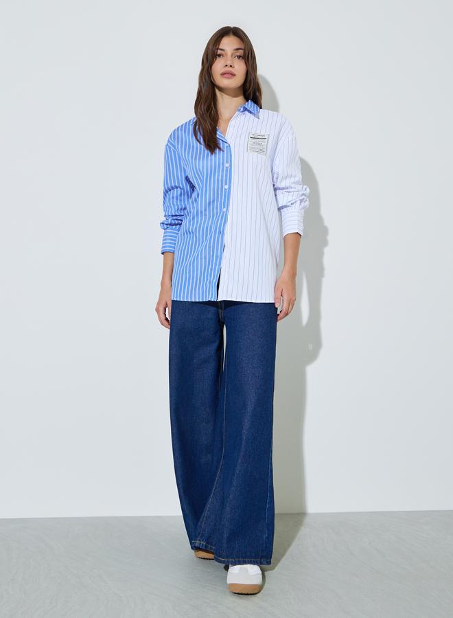 Styli Blue Color Block Striped Longline Shirt - Image 2