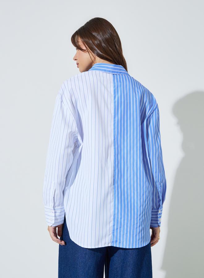 Styli Blue Color Block Striped Longline Shirt - Image 4