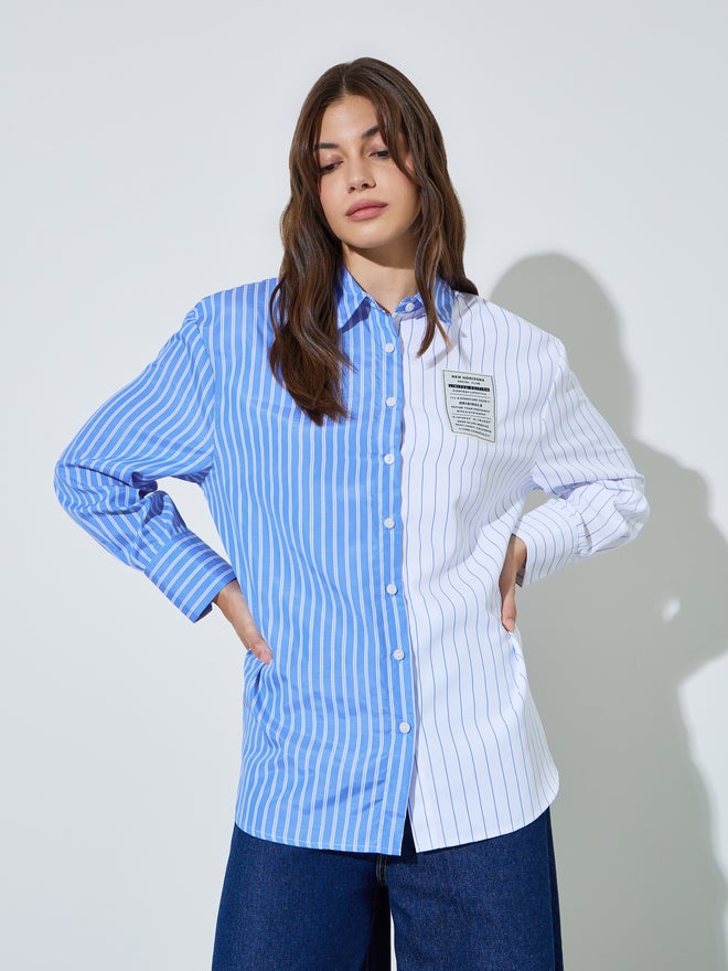 Styli Blue Color Block Striped Longline Shirt - Image 3