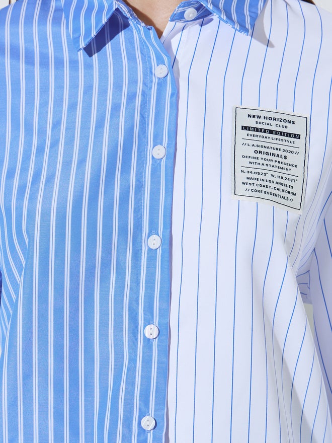 Styli Blue Color Block Striped Longline Shirt - Image 4