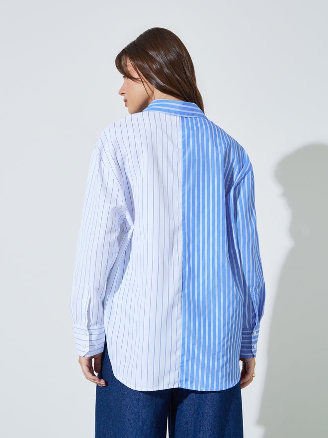 Styli Blue Color Block Striped Longline Shirt - Image 5