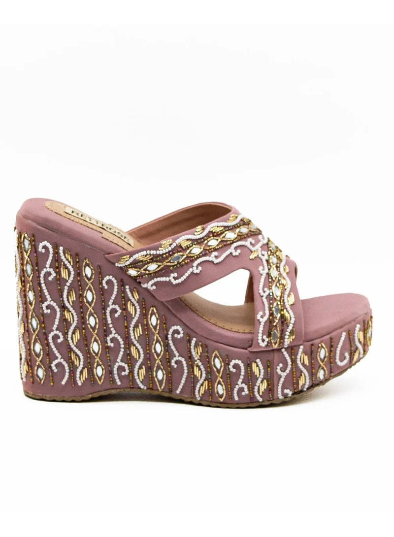 RETTROSE The Ruth Nude Luxury Handmade Women’s Wedge Heels – Pink Beaded, Comfortable, 8.5cm Synthetic Wedge by RETTROSE