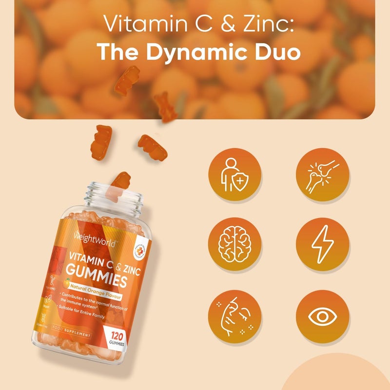 WeightWorld Vitamin C and Zinc Gummies - 120 Tasty Gummies - For Kids & Adults - Natural Orange Flavour - 2 per Day - Gluten-Free, Vegan-Friendly & Non-GMO - Bioavailable Forms (L-Ascorbic Acid & Zinc Citrate) - Image 4