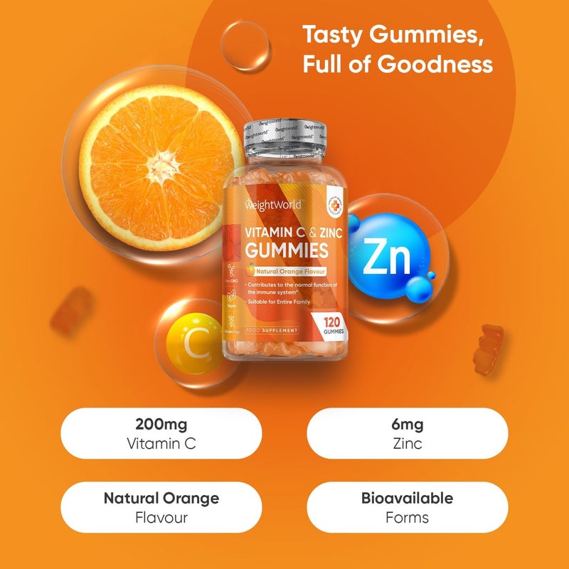 WeightWorld Vitamin C and Zinc Gummies - 120 Tasty Gummies - For Kids & Adults - Natural Orange Flavour - 2 per Day - Gluten-Free, Vegan-Friendly & Non-GMO - Bioavailable Forms (L-Ascorbic Acid & Zinc Citrate) - Image 2