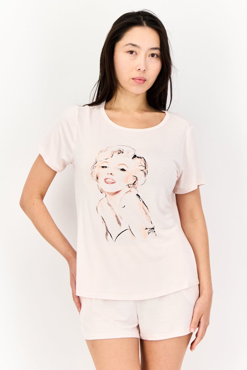 Marilyn Monroe Women 2 Pieces Graphic Print Pyjama T-Shirt And Short Set, Peach - Image 1
