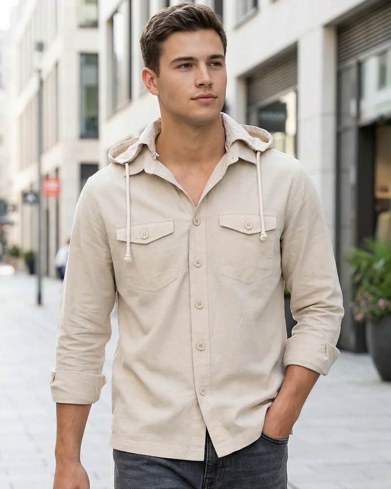 بيواكوف Men's Beige Oversized Cotton Linen Detachable Hooded Shirt