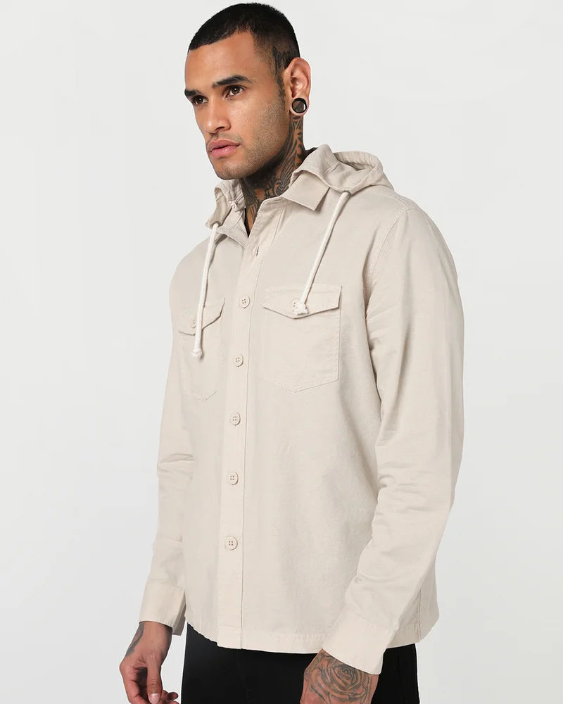 بيواكوف Men's Beige Oversized Cotton Linen Detachable Hooded Shirt