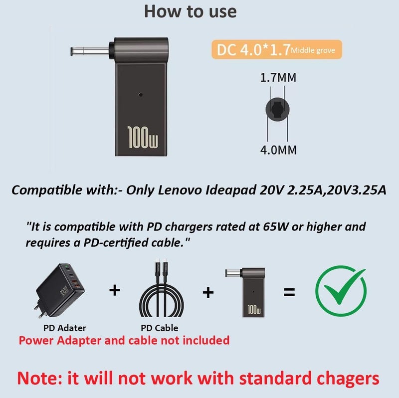 Tobo 100W Female Type-C to Laptop Charging Adapter Converter Compatible with Lenovo IdeaPad Yoga Laptop Series, Chromebook, Liteon, Flex, Notebooks (4.0X 1.7MM Adapter) - Image 4