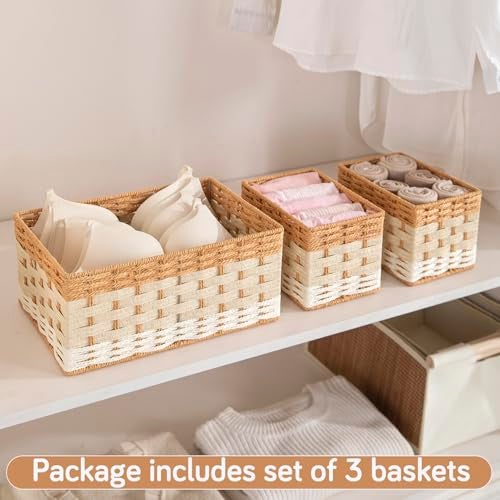 HOKIPO Set of 3 Storage Baskets - Clothes Organizer for Wardrobe with Metal Frame & Handles (AR-6161) - Image 2