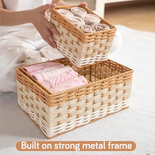 HOKIPO Set of 3 Storage Baskets - Clothes Organizer for Wardrobe with Metal Frame & Handles (AR-6161) - Image 4