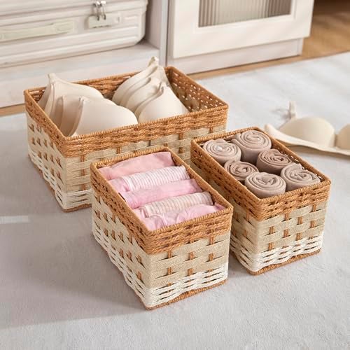 HOKIPO Set of 3 Storage Baskets - Clothes Organizer for Wardrobe with Metal Frame & Handles (AR-6161) - Image 1