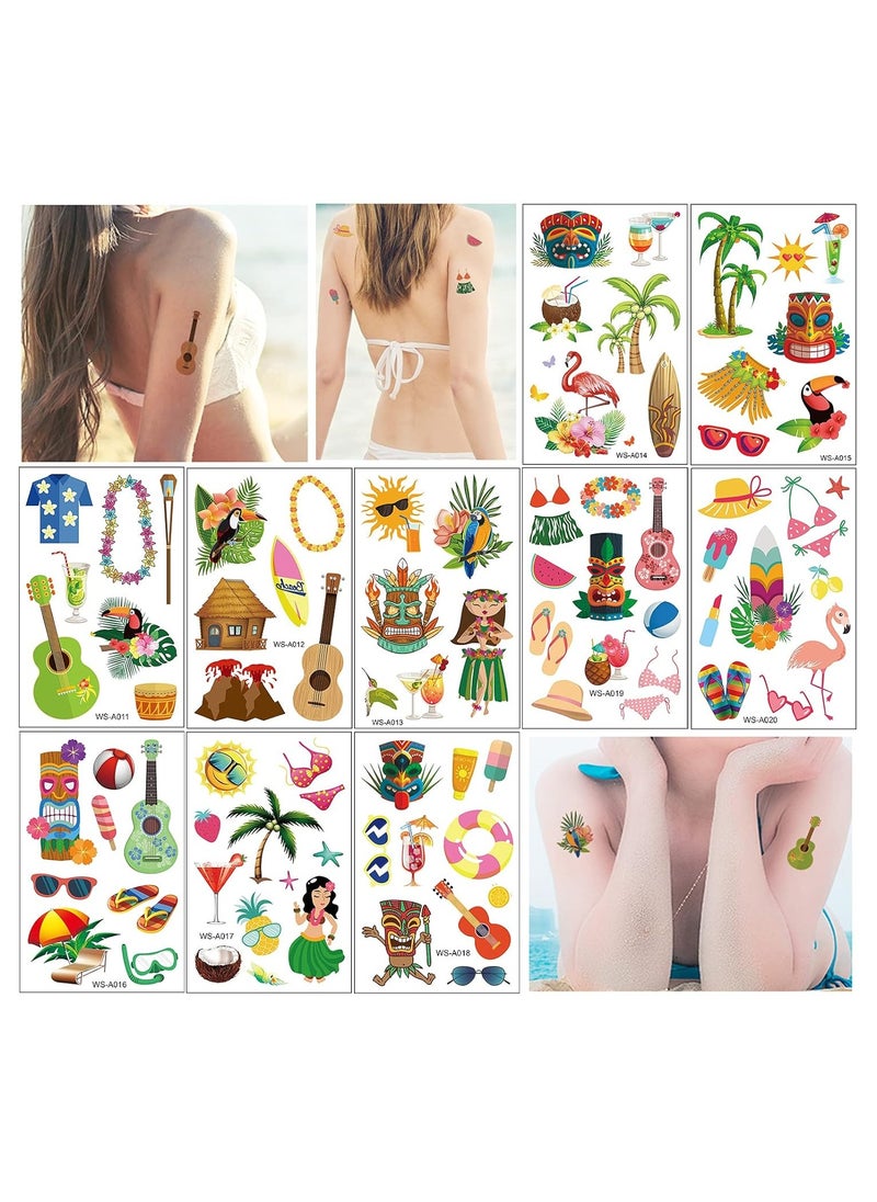 ORAINBOW - 10 Sheets Temporary Tattoos for Kids and Adults 87Pcs Cartoon Hawaii Style Tattoos Waterproof Cute Temporary Tattoo Body Stickers Holiday Beach Party Decoration Supplies Gifts Favors Girls Boys - Image 1