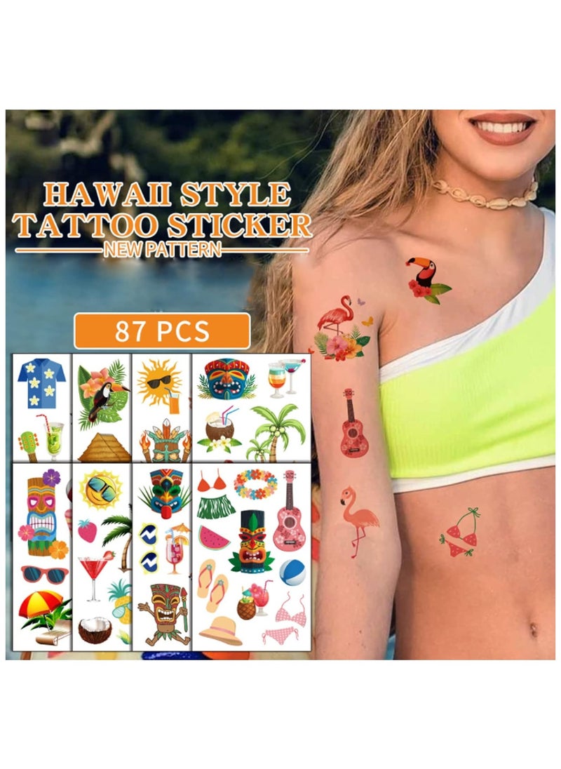 ORAINBOW - 10 Sheets Temporary Tattoos for Kids and Adults 87Pcs Cartoon Hawaii Style Tattoos Waterproof Cute Temporary Tattoo Body Stickers Holiday Beach Party Decoration Supplies Gifts Favors Girls Boys - Image 1