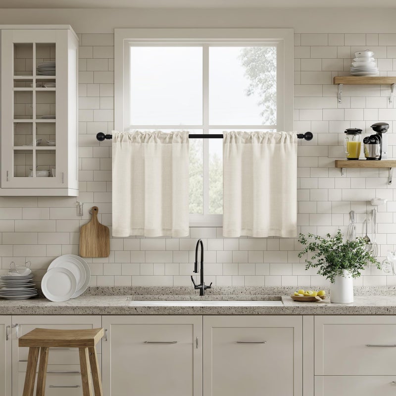 Dukiyo Linen Curtains Kitchen Rv Campers Cafe Window 24 Inches Long 2 Panels Rustic Dual Rod Pocket Semi Sheer Curtains & Drapes Privacy Assured With Light Filtering For Farmhouse Natural W25 X L24 - Image 1