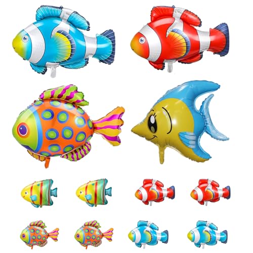 DYT 12PCS Fish Foil Balloons 4 Big Sea Animal Creature 8 Small Fish Mylar Reusable Under The Sea Ocean Themed Party Decoration - Image 1