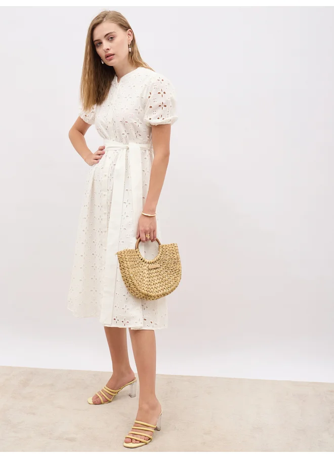 Styli Styli Schiffli Puff Sleeves Belted Shirt Midi Dress