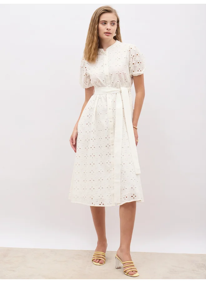 Styli Styli Schiffli Puff Sleeves Belted Shirt Midi Dress