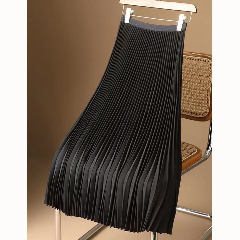 Satin High-End Pure Color Pleated Skirt 2025 Summer Thin Mid-Length Over-The-Knee High-Waisted A-Line Skirt - Image 4