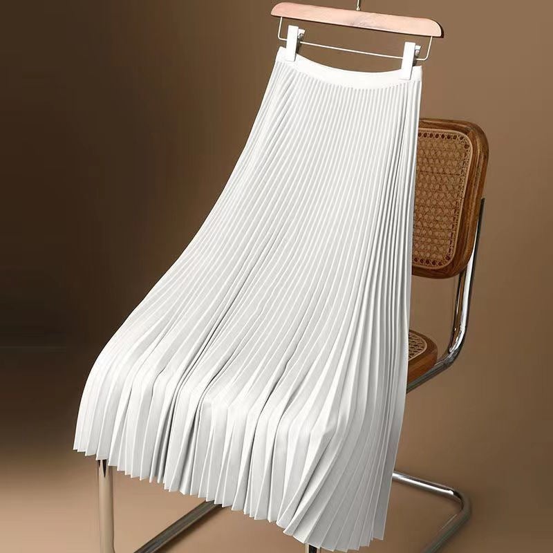 Satin High-End Pure Color Pleated Skirt 2025 Summer Thin Mid-Length Over-The-Knee High-Waisted A-Line Skirt - Image 5