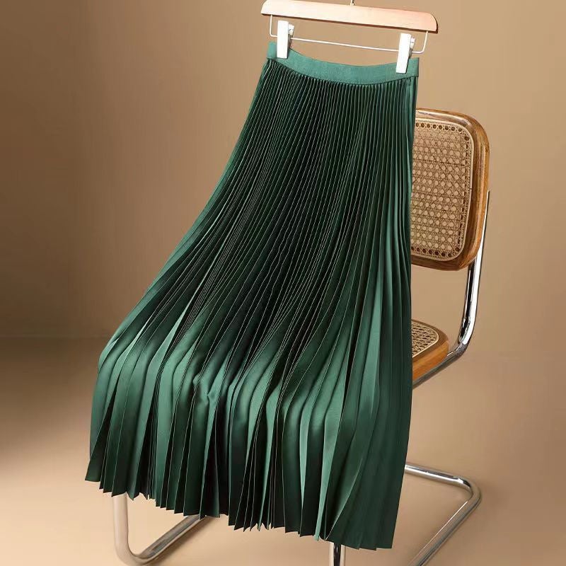 Satin High-End Pure Color Pleated Skirt 2025 Summer Thin Mid-Length Over-The-Knee High-Waisted A-Line Skirt - Image 3