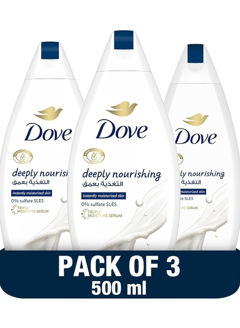 Dove Deeply Nourishing Body Wash, for instant moisturising, Original, No Sulfates or Parabens, 500ml x 3  - Image 1