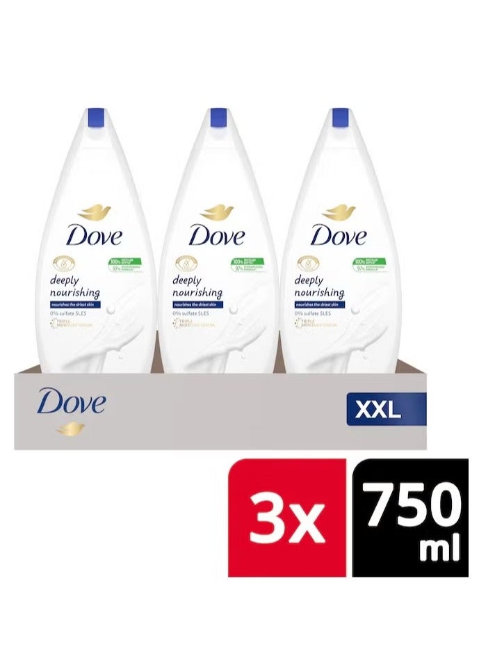 Dove Deeply Nourishing Body Wash 750ml x 3pcs - Image 1