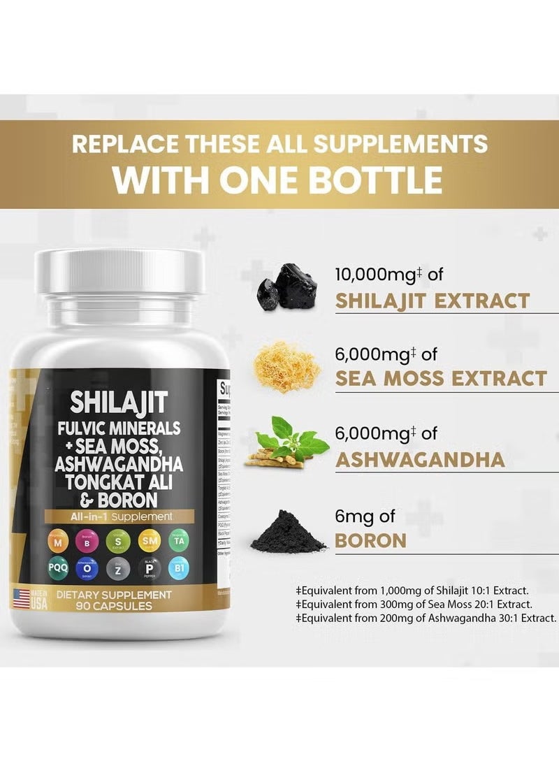 Shilajit RX - Clean Nutraceuticals Shilajit Supplement 10,000mg with Sea Moss 6000mg, Ashwagandha 6000mg, Tongkat Ali, Boron, Magnesium - Fulvic Acid Capsules for Men - 90 Count - Image 1