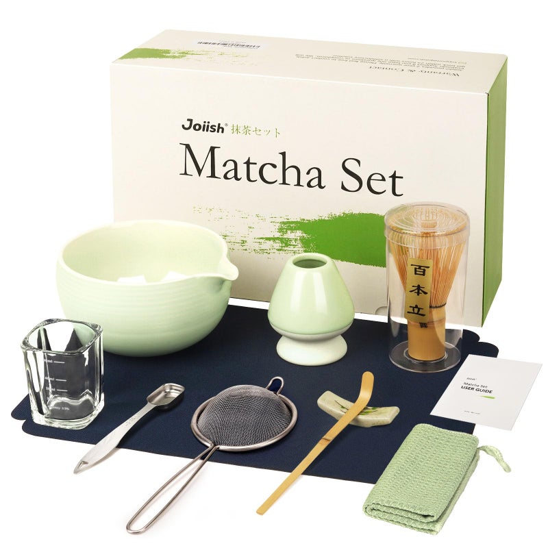 Joiish Matcha Whisk Set, Matcha Kit 10-Pcs, Bamboo Whisk and Ceramic Bowl with Spout & Measuring Spoon & Cup, Japanese Ceremony Matcha Tea Making Tools - Image 1
