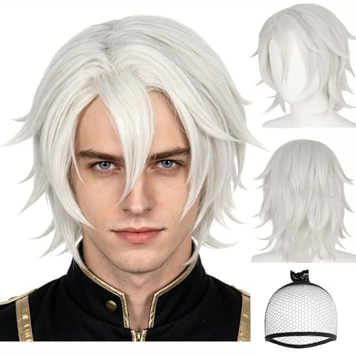 ANOGOL Hair Cap+ Silver White Cosplay Wigs for Men Women Silver Wolfcut Wigs Short Wavy Wolftail Wig Short Layered Wig With Bangs Light Grey Spiky Hair Costume for Anime Game Party for Halloween - Image 1