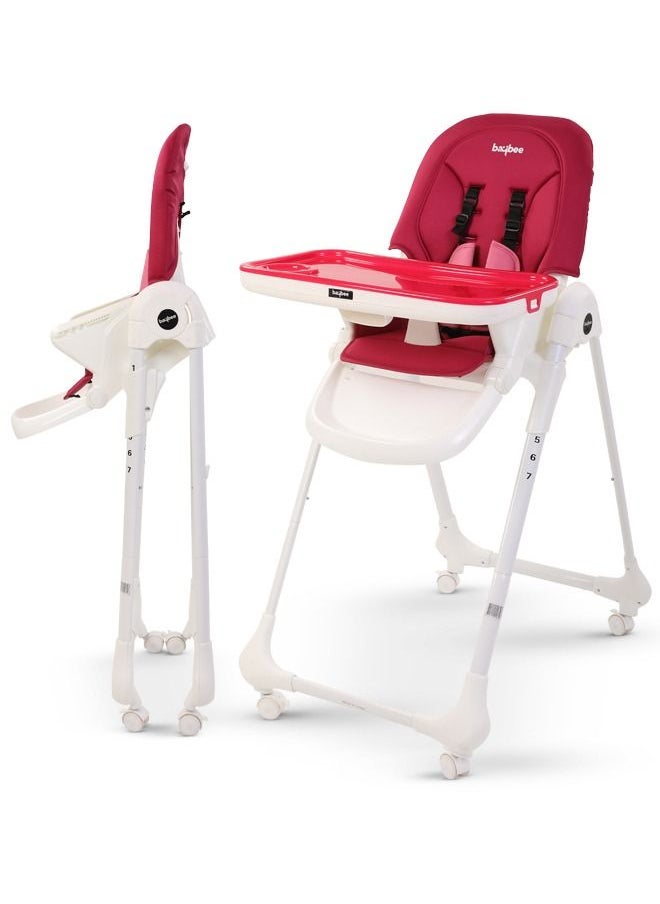 BAYBEE Baybee 2 in 1 Baby High Chair for Kids Feeding with 7 Height Adjustable Recline Footrest Baby Chair Booster Seat with Food Tray Belt Kids High Chair for Baby Boy Girl Red White  - Image 1