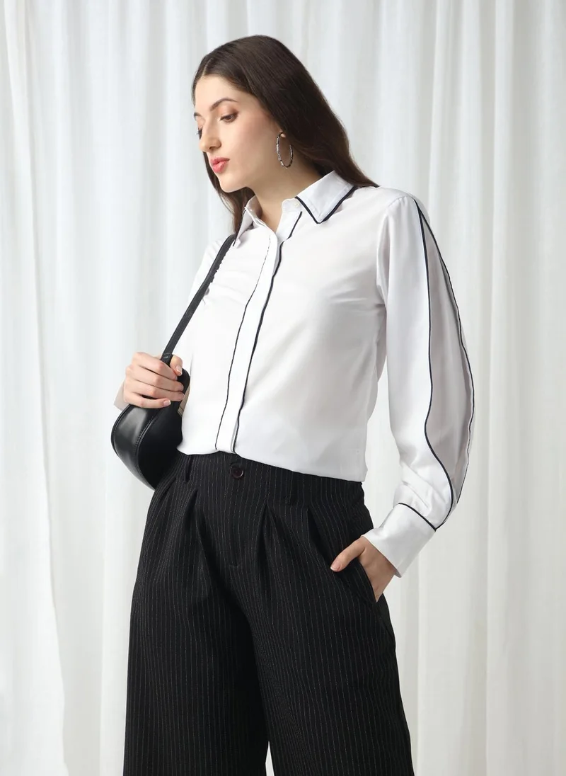 globus Globus Women White Collared Neck Cuffed Sleeves Piping Detail Workwear Shirt
