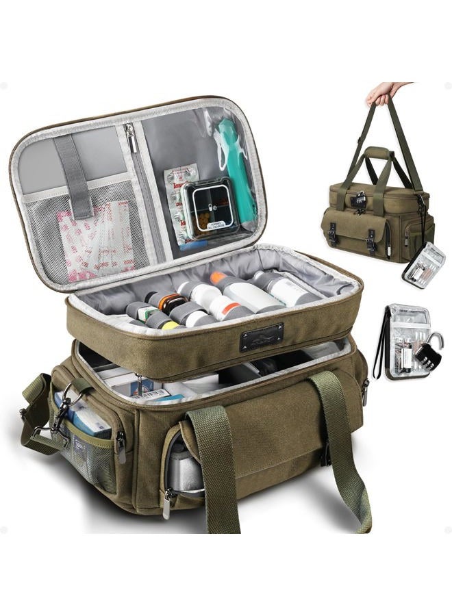 ARCFOX Large Medicine Organizer, Vintage Travel Medicine Storage Bag, Double Layers Pill Bottle Organizer with Portable Small Pouch, First Aid Bag for Travel, Home and Emergency Outdoor,Bag Only,Green - Image 1