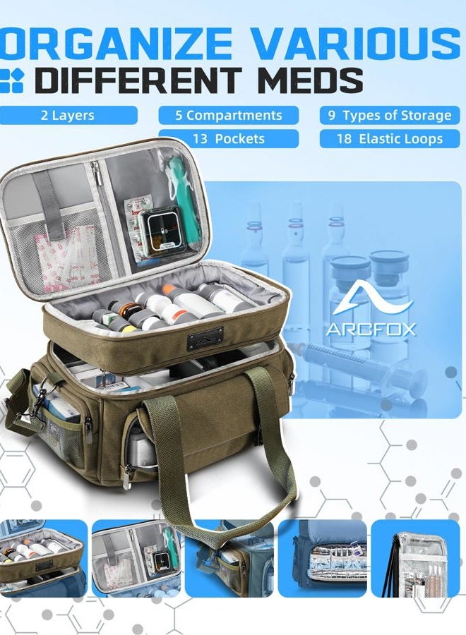 ARCFOX Large Medicine Organizer, Vintage Travel Medicine Storage Bag, Double Layers Pill Bottle Organizer with Portable Small Pouch, First Aid Bag for Travel, Home and Emergency Outdoor,Bag Only,Green - Image 4
