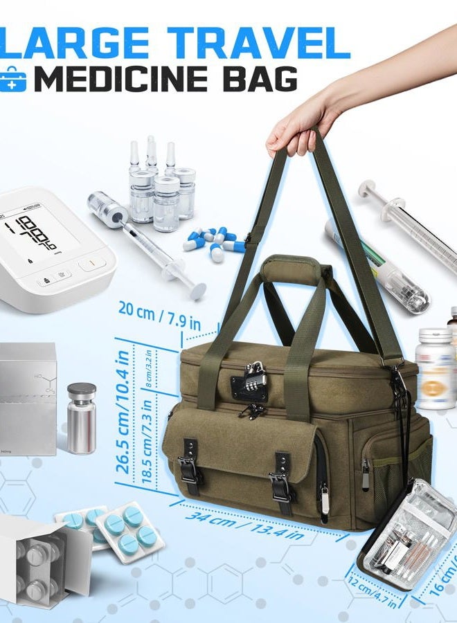 ARCFOX Large Medicine Organizer, Vintage Travel Medicine Storage Bag, Double Layers Pill Bottle Organizer with Portable Small Pouch, First Aid Bag for Travel, Home and Emergency Outdoor,Bag Only,Green - Image 2