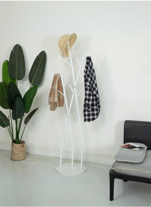 An elegant metal floor clothes hanger with a modern, tree-like design, white