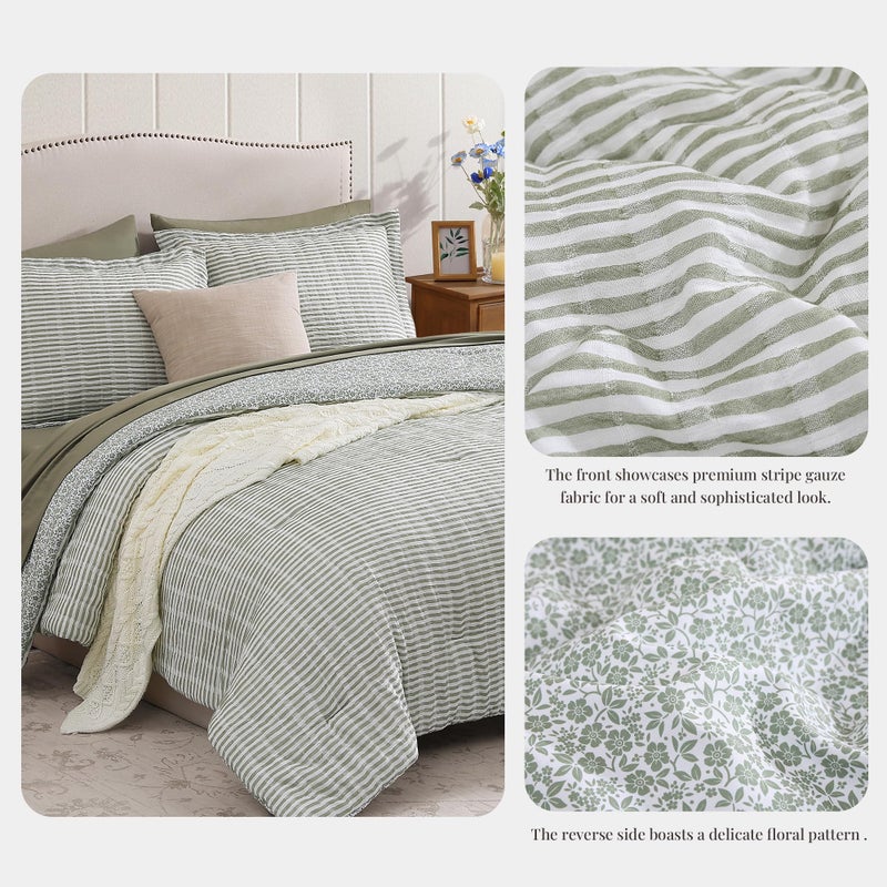 BLOOMHAVEN Queen Comforter Set - 7 Pieces Green Gauze Muslin Bedding Sets for All Seasons, Lightweight Breathable Bed in a Bag Queen with Revesible Farmhouse Comforter, Sheets, Pillowcases & Shams - Image 3