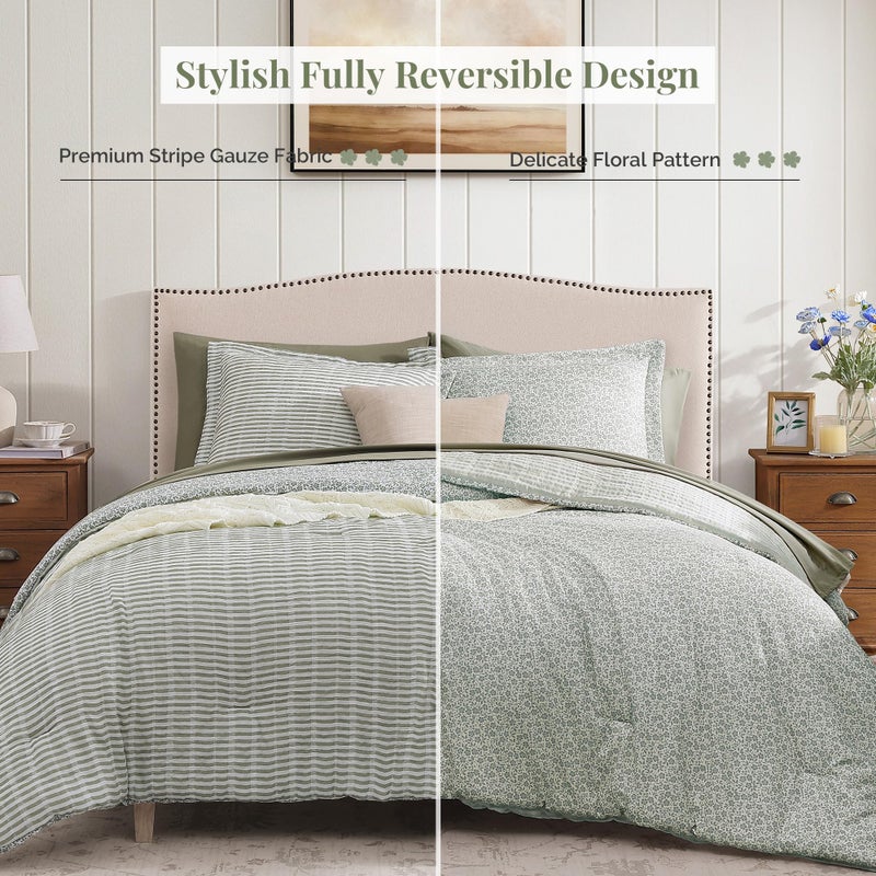 BLOOMHAVEN Queen Comforter Set - 7 Pieces Green Gauze Muslin Bedding Sets for All Seasons, Lightweight Breathable Bed in a Bag Queen with Revesible Farmhouse Comforter, Sheets, Pillowcases & Shams - Image 2