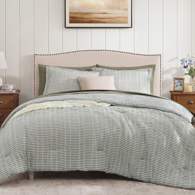 BLOOMHAVEN Queen Comforter Set - 7 Pieces Green Gauze Muslin Bedding Sets for All Seasons, Lightweight Breathable Bed in a Bag Queen with Revesible Farmhouse Comforter, Sheets, Pillowcases & Shams - Image 1