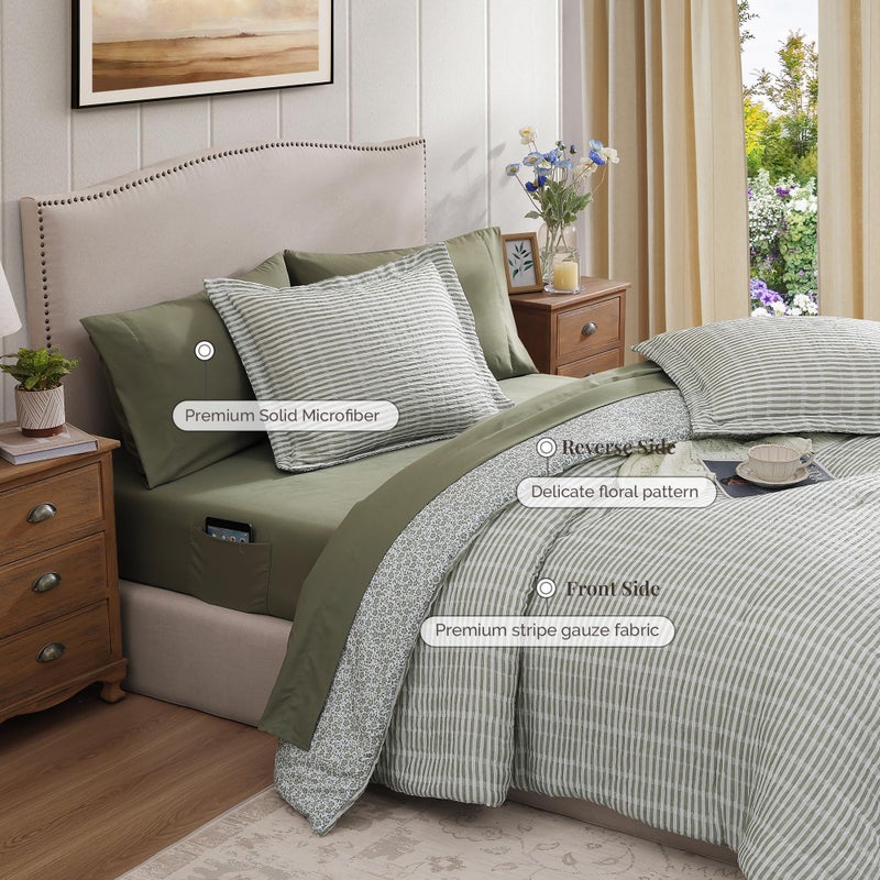 BLOOMHAVEN Queen Comforter Set - 7 Pieces Green Gauze Muslin Bedding Sets for All Seasons, Lightweight Breathable Bed in a Bag Queen with Revesible Farmhouse Comforter, Sheets, Pillowcases & Shams - Image 5