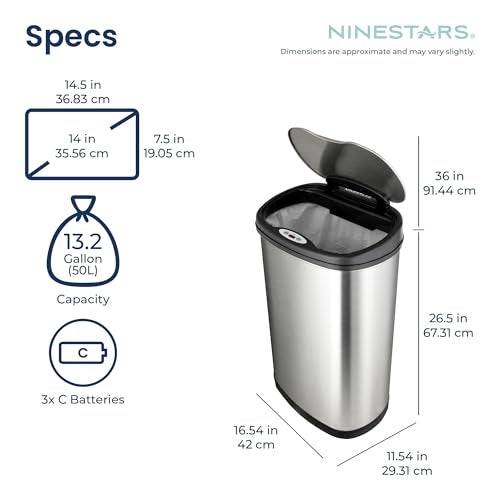 Ninestars 13 Gallon Oval Automatic Trash Can, 50L Touchless Motion Sensor Kitchen Garbage Can with Odor-Sealing Lid, Silver Stainless Steel - Image 5