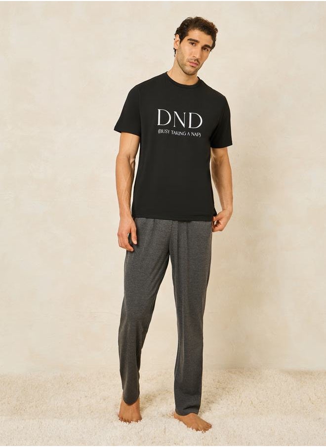 Styli - Slogan Print T-Shirt & Solid Pyjama Set - Image 1