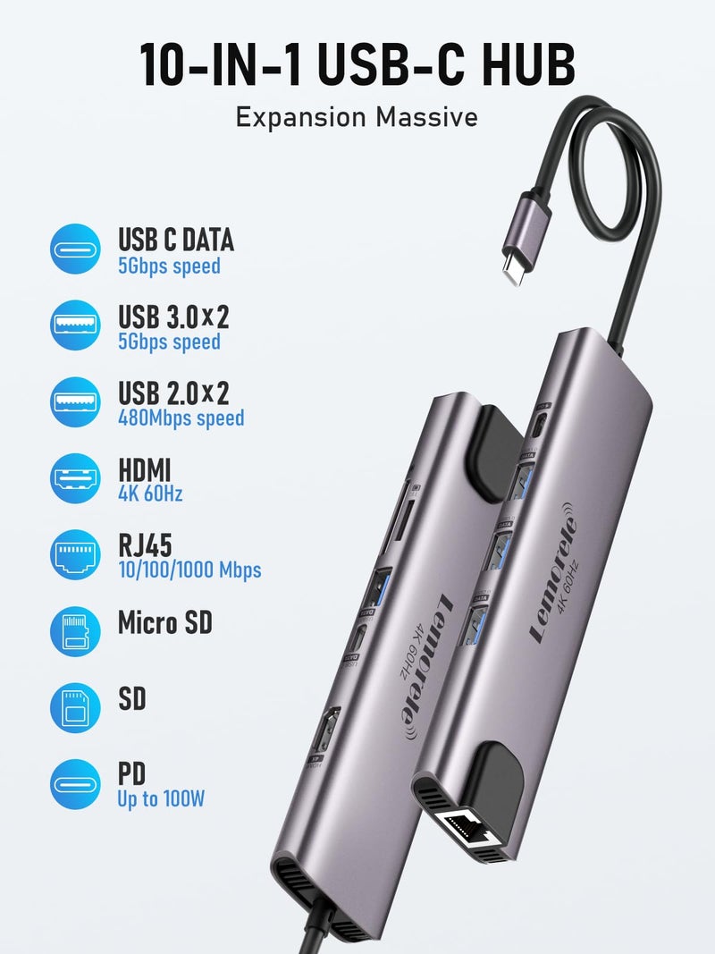 Lemorele USB C Hub Multiport Adapter 10 in 1, USB C Docking Station for MacBook with HDMI 4K@60Hz, Ethernet, 4*USB-A and USB-C Data Port, 100W PD, SD/TF Port, Suitable for Surface/Dell/HP - Image 2
