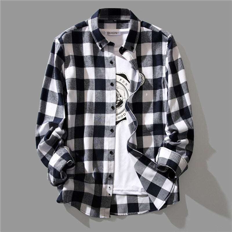 Mens Korean Casual Plaid Shirt Spring Autumn Loose Long Sleeve Top T-Shirt  - Image 5