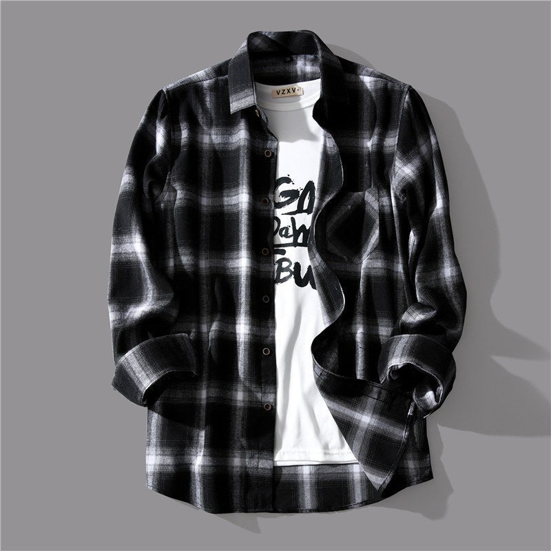 Mens Korean Casual Plaid Shirt Spring Autumn Loose Long Sleeve Top T-Shirt  - Image 2