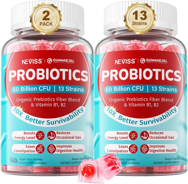 NEVISS Probiotic  Prebiotic Gummies for Adults  Kids 4 Sugar Free Chewable Probiotic 50Billion CFUs wFiber Vitamin B1 B2 D3  Zinc for Digestive  Gut Health Boost Microflora Diversity Vegan 120 Cts - Image 1
