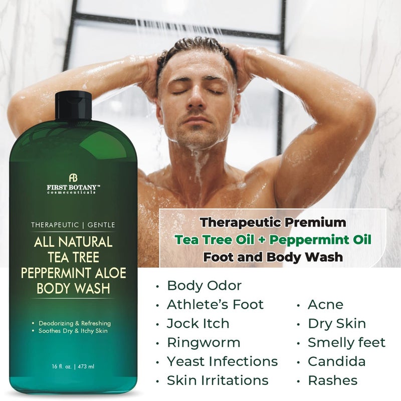 First Botany, ALL Natural Body Wash - Fights Body Odor, Athletes Foot, Jock Itch, Nail Issues, Dandruff, Acne, Eczema, Shower Gel for Women & Men, Skin Cleanser -16 fl oz (Tea Tree Mint) - Image 2