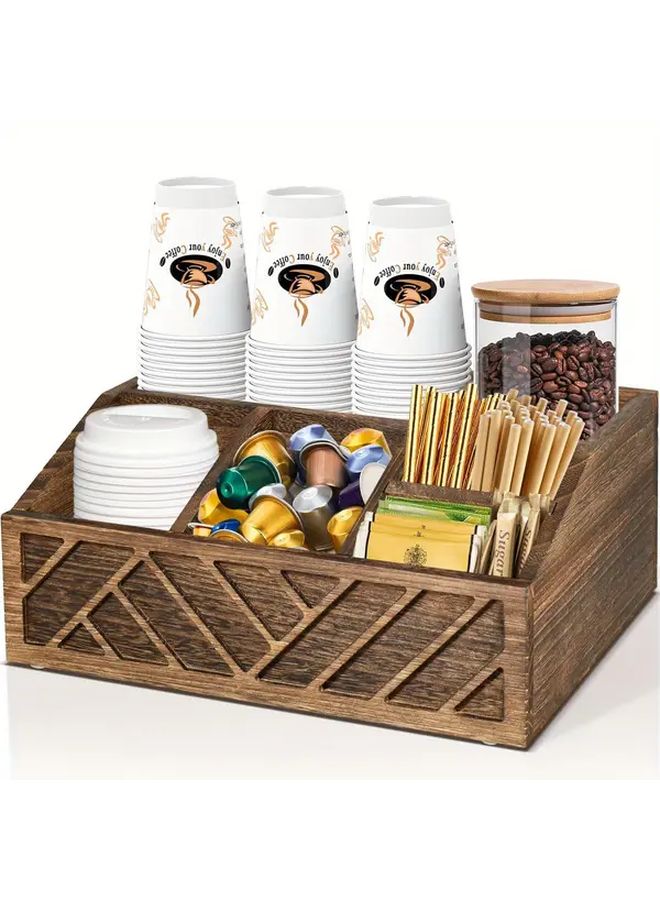Iduk Coffee Station Organizer Recycled Wood Coffee Bar Storage With Cup Holders Compartmentalized Shelves Space Saving Countertop Organizer For Kitchen Office Cafe Decor A Brown - Image 1